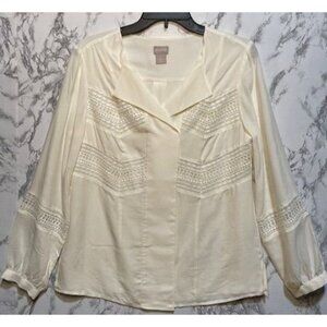 Chico's Women's Ivory Long Sleeve Lace Detail Blouse Size 0 (US 4/6) 100% Rayon